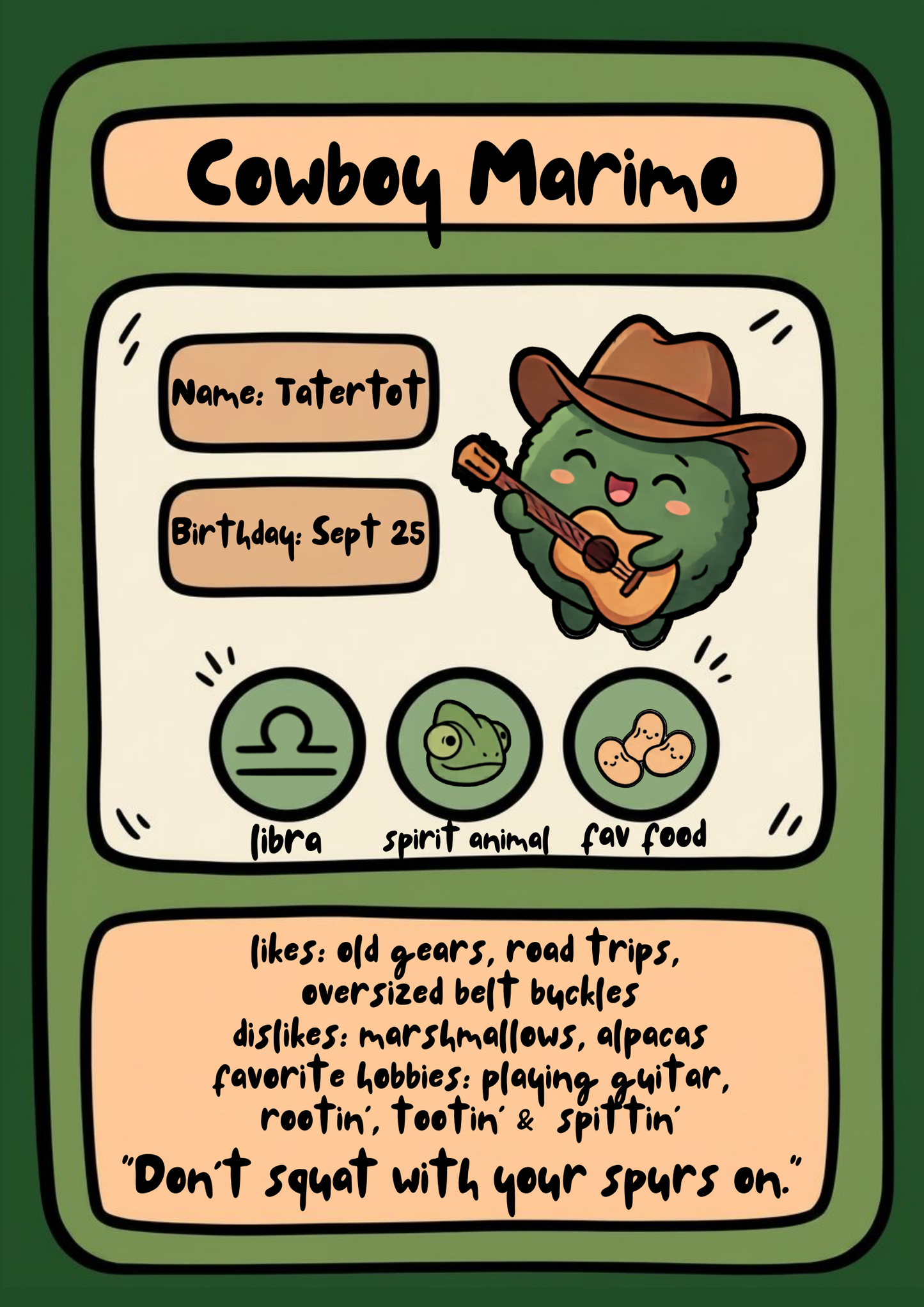 Tatertot the Cowboy Marimo with Guitar