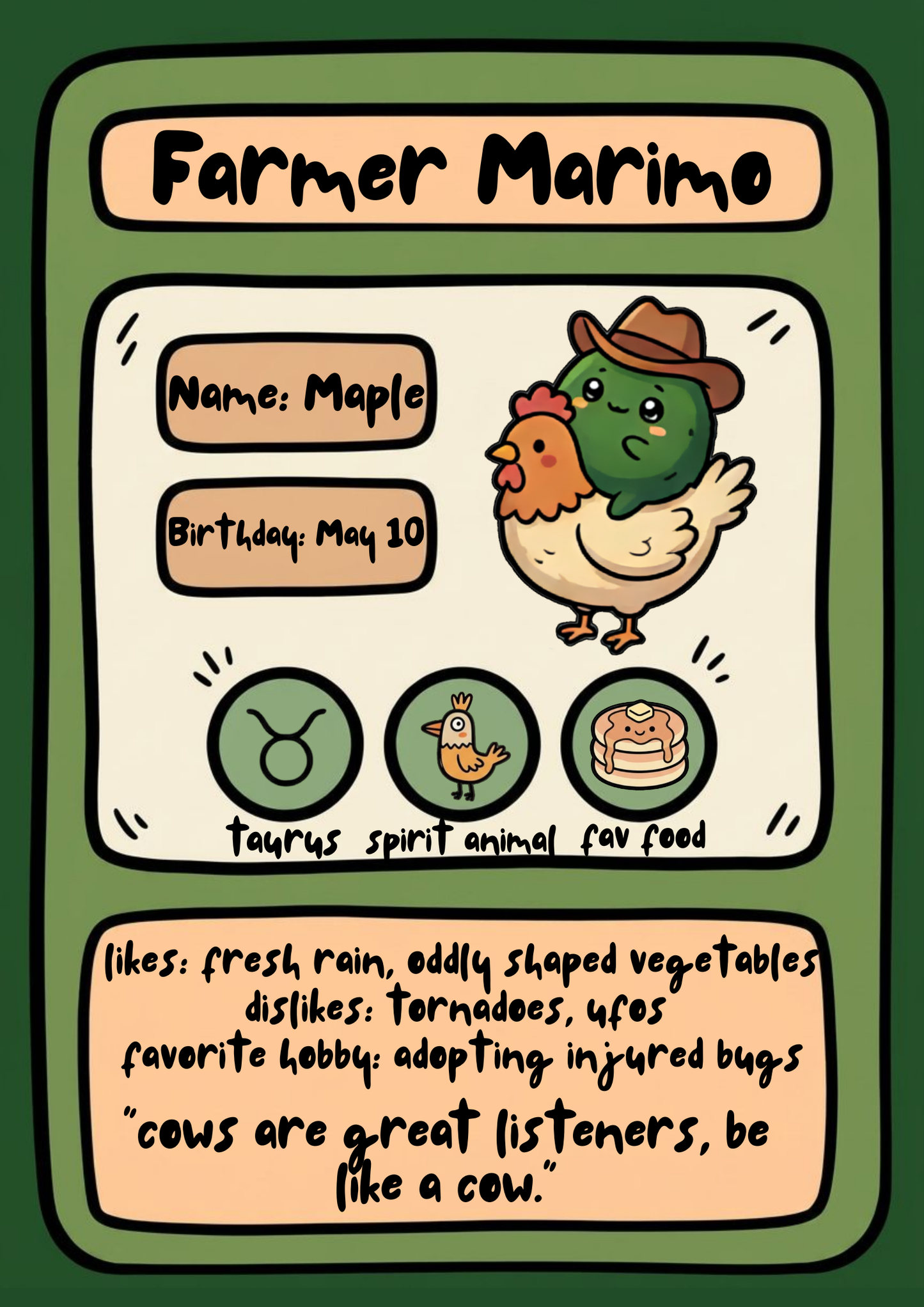 Maple the Farmer Marimo with Chicken