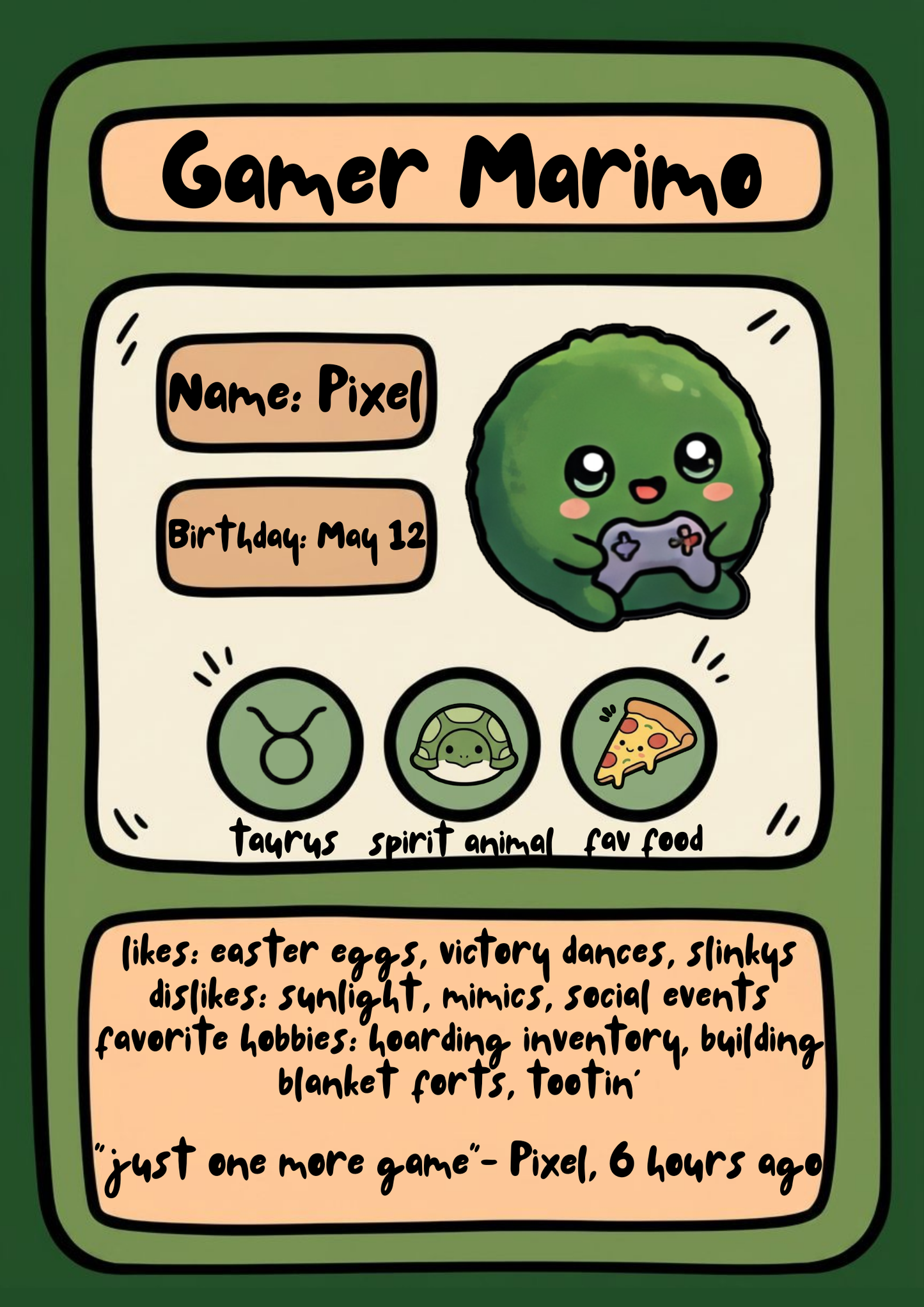 Pixel the Gamer Marimo with Star and Plant