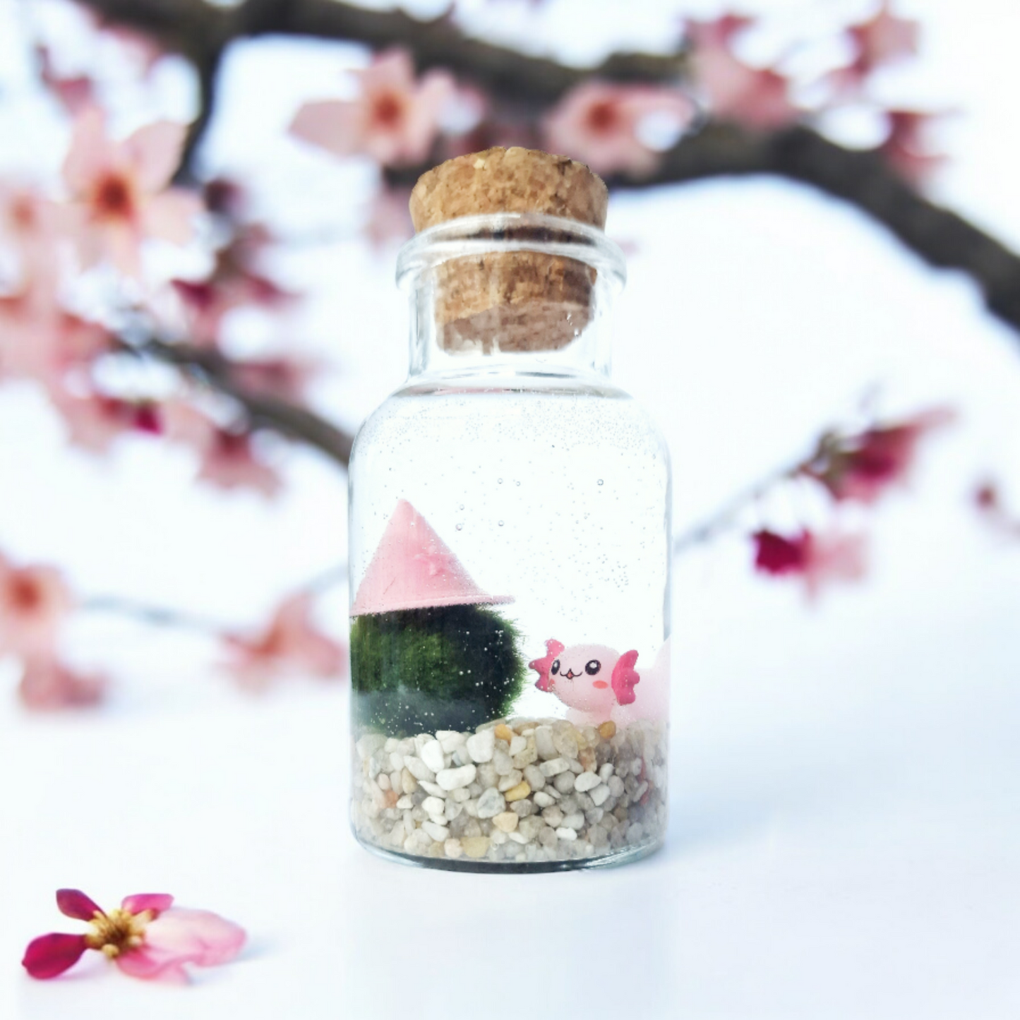 Cherry Blossom Pink Wizard Marimo with Axolotl